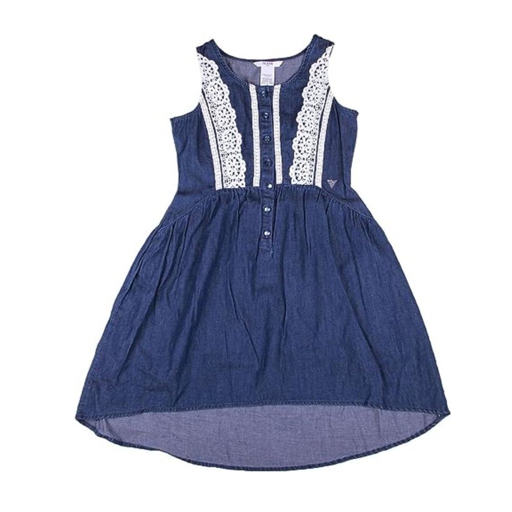 GUESS Big Girls Sleeveless, Lace-Trimmed Cotton Chambray Dress, Dark Stone